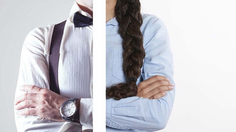 Angeschnittene Perspektive von einem Mann und einer Frau. Beide Personen sind nur angedeutet.