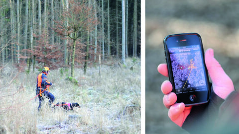 Bildcomposing: Jäger mit Jagdhund auf Spurensuche sowie GPS-Handyortung