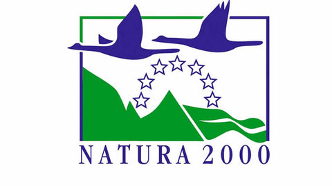 ein Logo mit grünen Bergen und Vögeln von Natura 2000