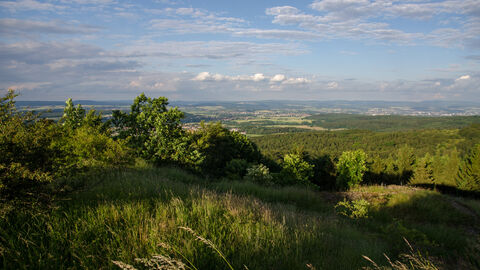 SCHUTZGEBIETE Landschaftsfoto von dem Dörnberg bei Zierenberg, im Hintergrund Orte mit Sonne und Wolken