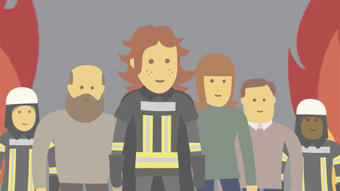 Comic-Zeichnung: Feuerwehrfrau und drei Zivilpersonen + 2 Feuerwehrleute im Hintergrund