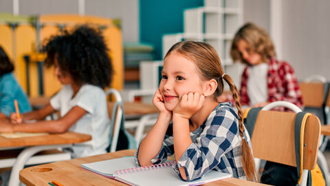 Mädchen und Jungen in der Schule, an Schultischen