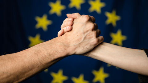 Handschlag von zwei Personen. Im Hintergrund sieht man eine EU-Flagge