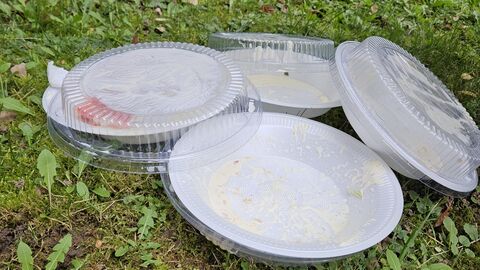 weggeworfenes Einweg-Kunststoff Geschirr auf einer Wiese