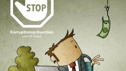 Korruption Comicfigur, der Geld an einem Haken vor die Nase gehalten wird