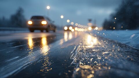 Glatte Fahrbahn, Autos auf Landstraße in der Dämmerung