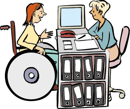 Die Roll-Stuhl-Fahrerin kann hier Rat und Hilfe bekommen.